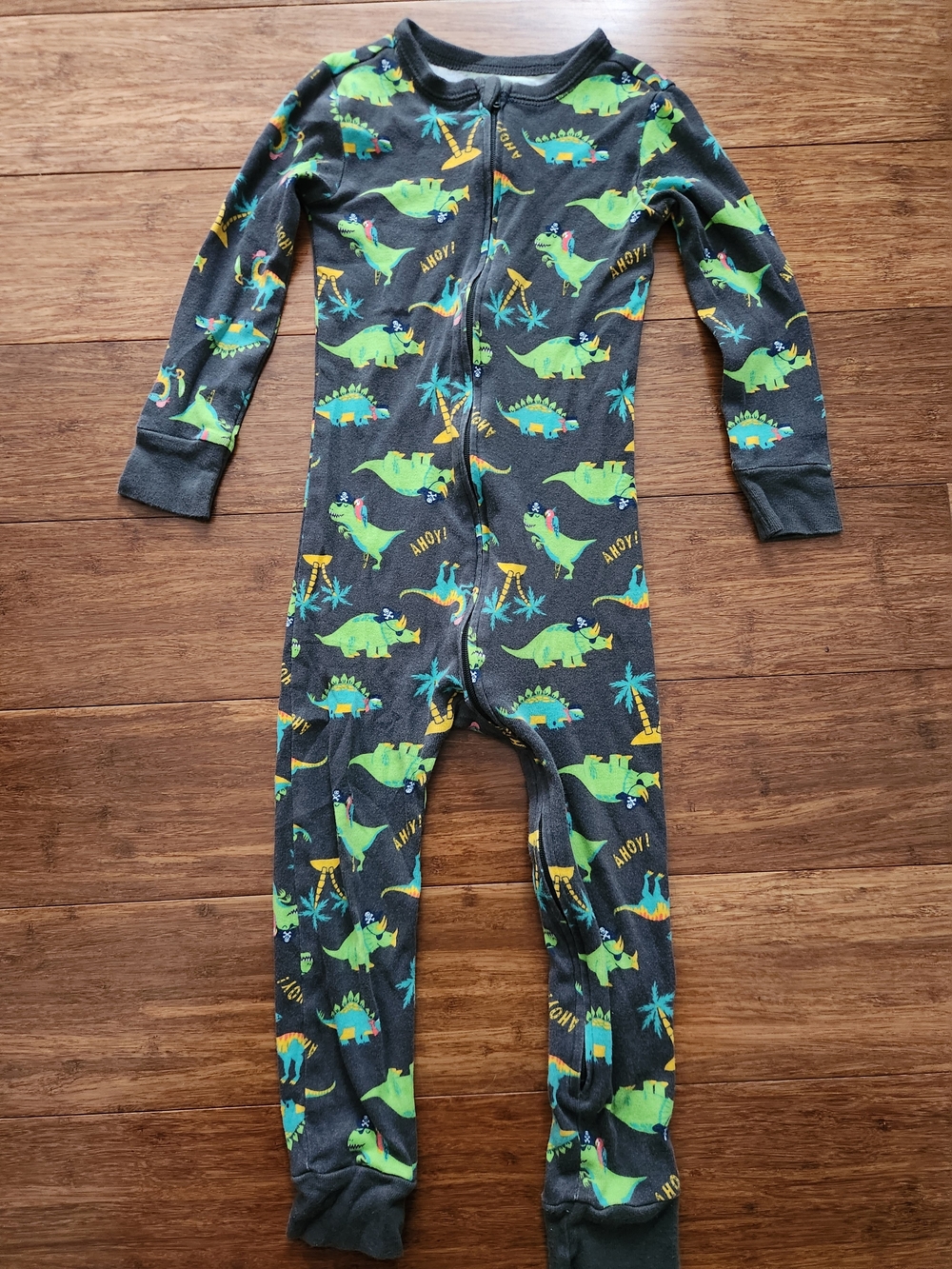 Old Navy Boy's Footed One-Piece Pants Pajamas with Green Dinosaur Pirates, 3T